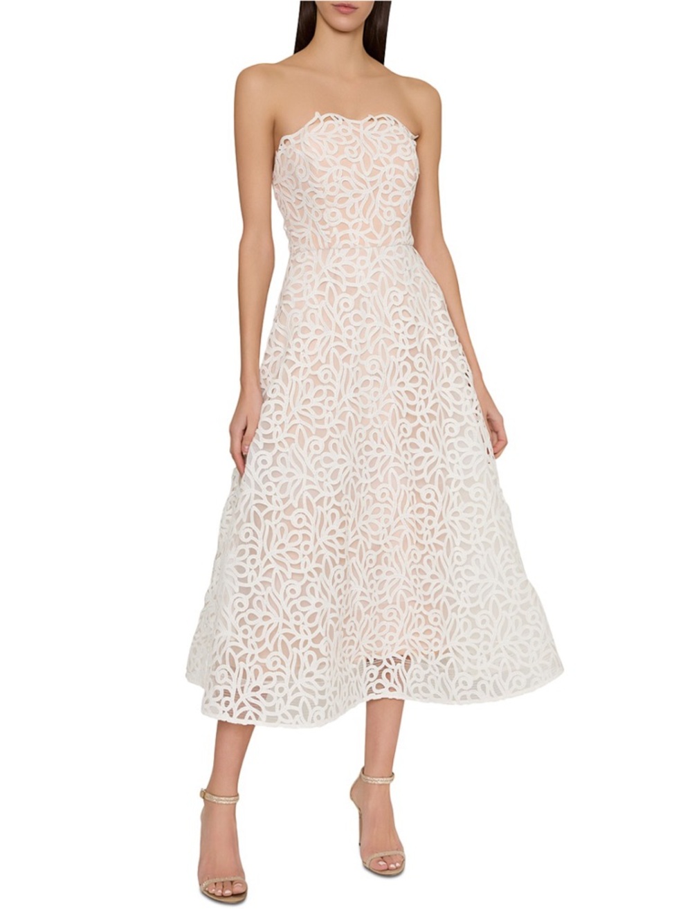 NWT Milly Petunia Curled Lace Strapless Midi Dress White Size 8 Bridal Cocktail